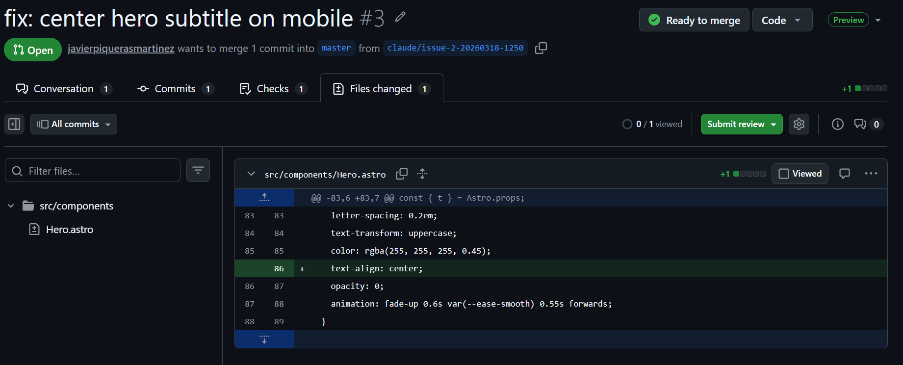 PR diff showing text-align: center added to .hero__title